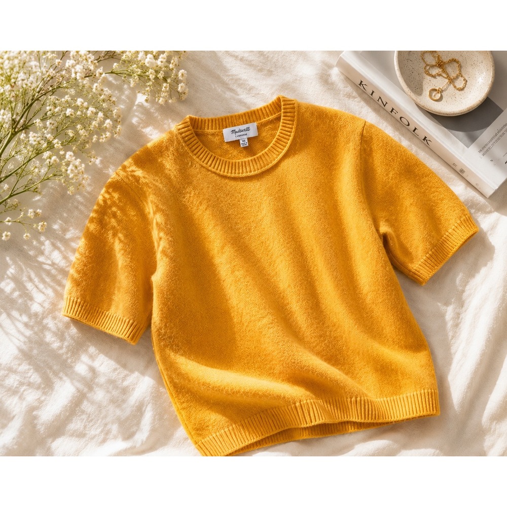 Madewell 100% Cashmere Short Sleeve Sweater XS Yellow Knit Pullover Soft Luxe